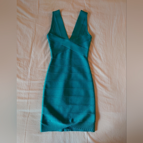 NWOT Bright Teal HERVE LEGER V- Neck Mini Bandage Dress XS $790 - Picture 5 of 14